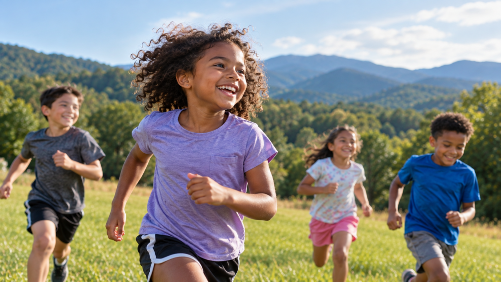 Happy children running in a field